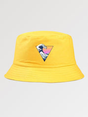 Back view of black streetwear bucket hat with sunset wave triangle — Harajuku synthwave, kangol bucket hat alternative