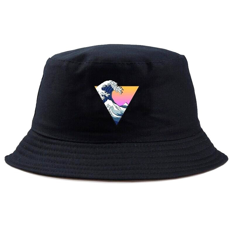 Detail of vaporwave wave patch on black cotton bucket hat — Tokyo gradient streetwear, prada-style bucket hat