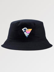 Black bucket hat streetwear with vaporwave Hokusai great wave print — Y2K Tokyo aesthetic, supreme bucket hat alternative