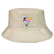 Top view of black bucket hat streetwear — six-panel cotton, vaporwave streetwear aesthetic