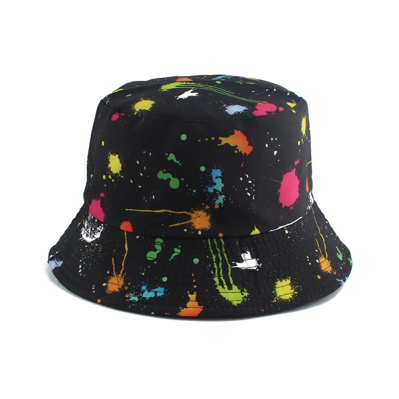 Detail of neon splash print on black bucket hat with string — Tokyo streetwear, arc'teryx bucket hat with string alternative