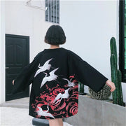 Women's fluid kimono jacket with crane pattern