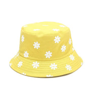 Front and back of cute bucket hat with daisies — black cotton six-panel, batsheva cute bucket hats alternative