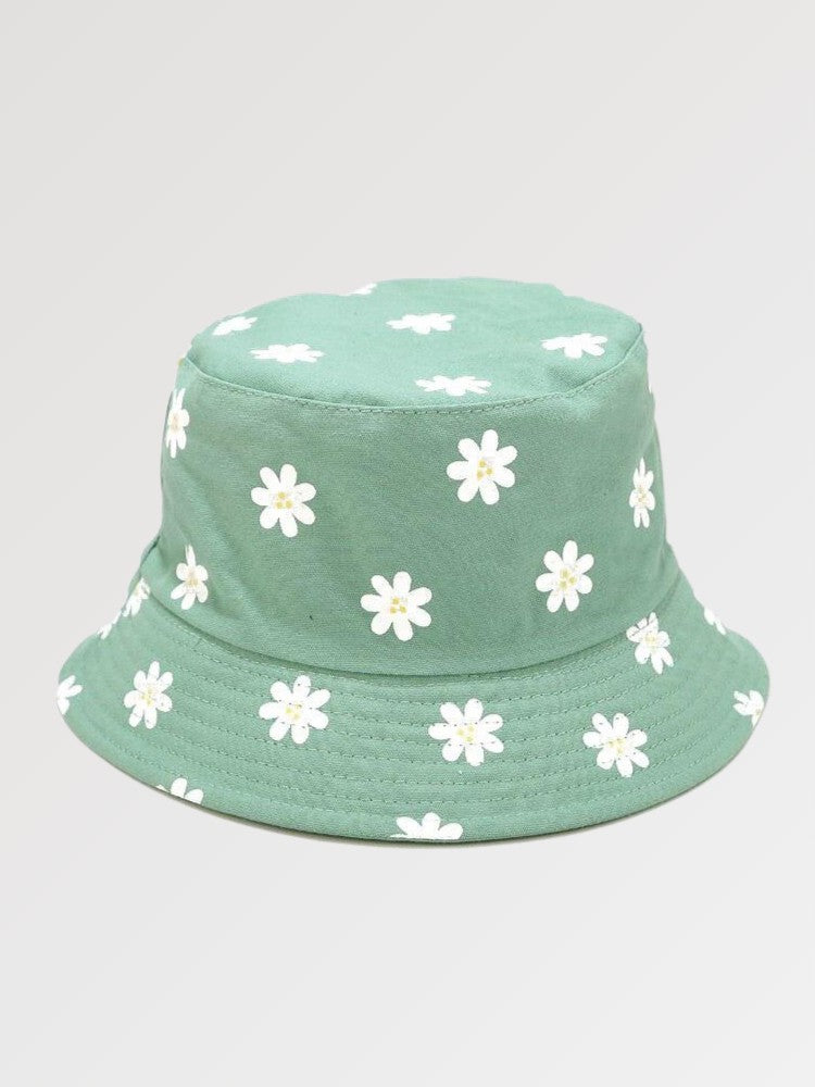 Back view of cute bucket hat with daisy print — black cotton, miu miu cute bucket hats alternative