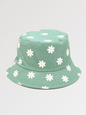 Back view of cute bucket hat with daisy print — black cotton, miu miu cute bucket hats alternative