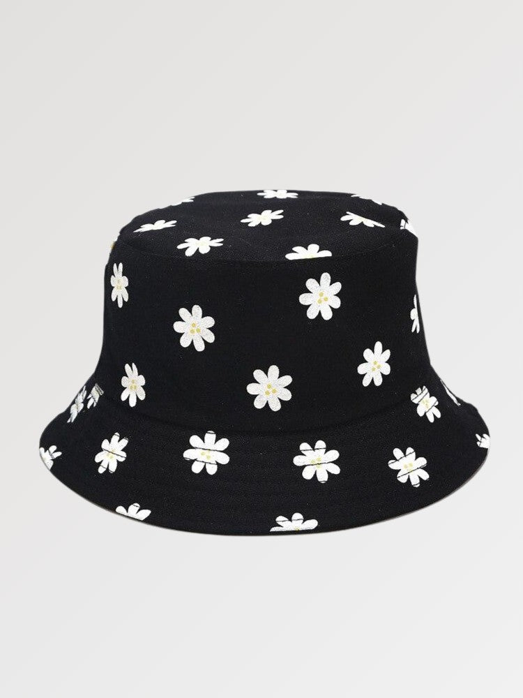 Cute black bucket hat with white daisy allover print — Y2K Harajuku cotton, marni cute bucket hats alternative