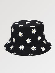 Cute black bucket hat with white daisy allover print — Y2K Harajuku cotton, marni cute bucket hats alternative