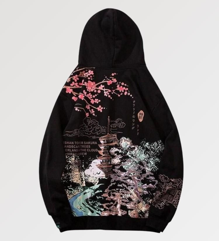the ultimate cute japanese hoodie with a traditional temple and sakura motif