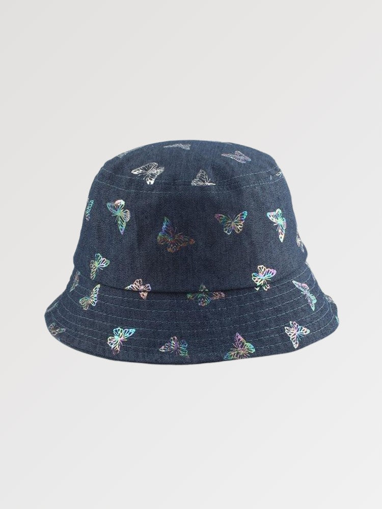 Back view of denim bucket hat with butterflies — Tokyo Y2K denim, ralph lauren denim bucket hat alternative