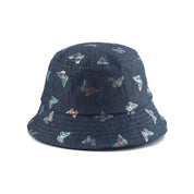 Detail of holographic butterfly print on denim bucket hat — Y2K Harajuku, miu miu denim bucket hat alternative