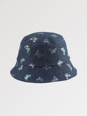 Indigo denim bucket hat with holographic butterfly print — Y2K Tokyo denim, levis denim bucket hat alternative