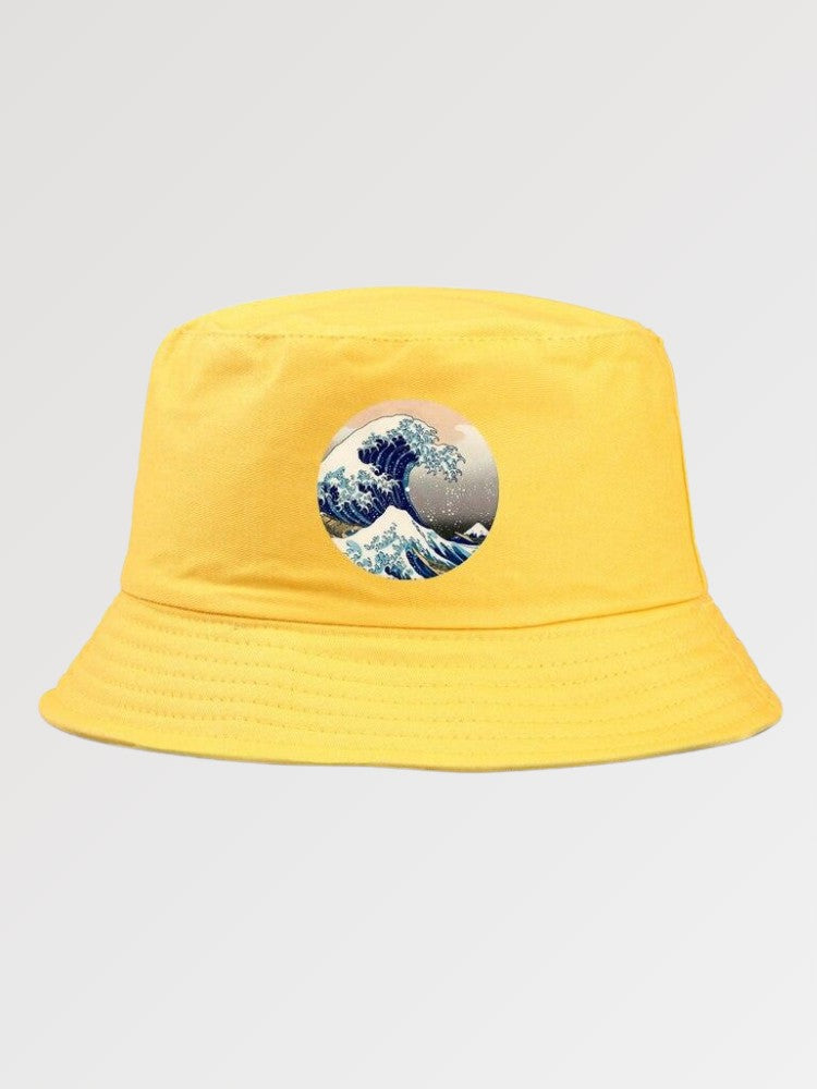Back view of designer bucket hat with great wave medallion — Tokyo cotton, gucci bucket hat alternative