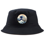 Detail of kanagawa wave print on black designer bucket hat — Japanese streetwear, dior bucket hat alternative