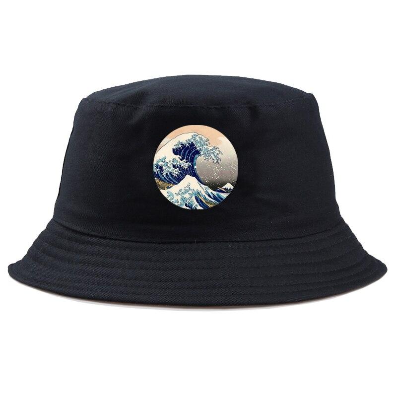 Detail of kanagawa wave print on black designer bucket hat — Japanese streetwear, dior bucket hat alternative