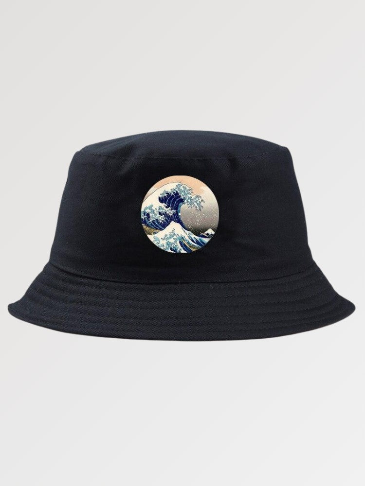Black designer bucket hat with Hokusai great wave of kanagawa print — Japanese ukiyo-e streetwear, prada bucket hat alternative