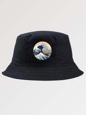 Black designer bucket hat with Hokusai great wave of kanagawa print — Japanese ukiyo-e streetwear, prada bucket hat alternative