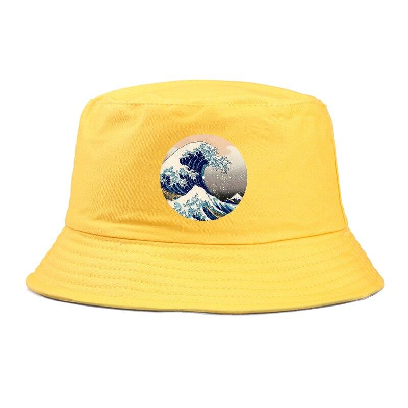 Side view of black designer bucket hat — Hokusai cotton, louis vuitton bucket hat alternative