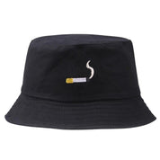 Detail of embroidered cigarette on black cotton bucket hat — Tokyo streetwear, supreme embroidered bucket hat alternative