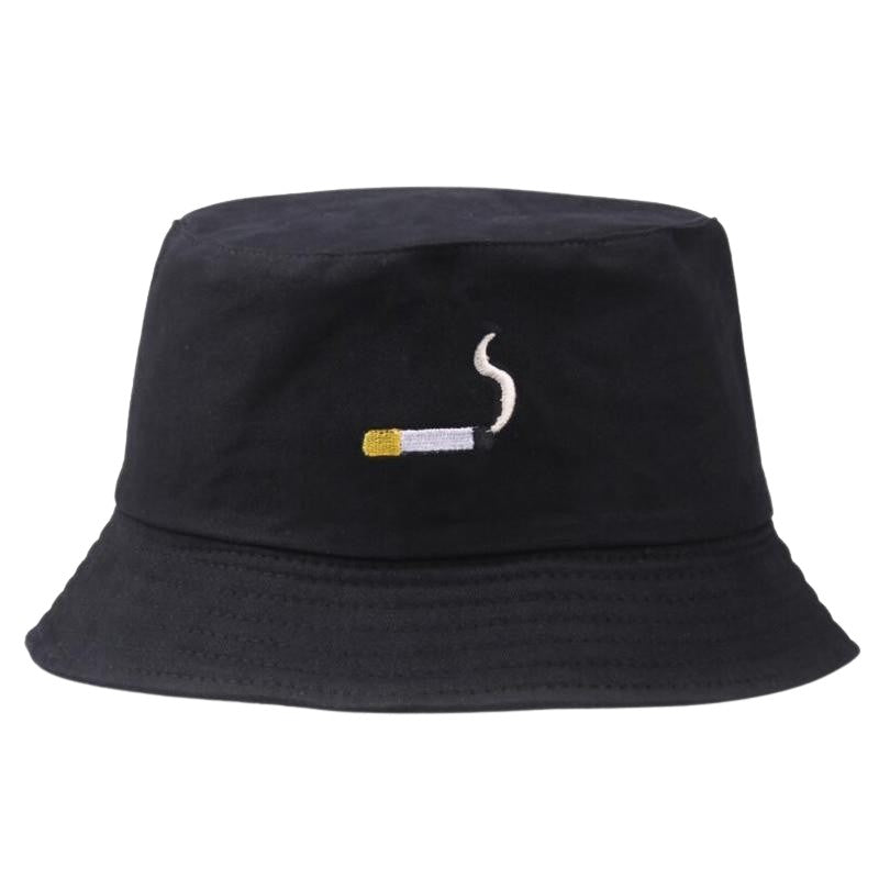 Detail of embroidered cigarette on black cotton bucket hat — Tokyo streetwear, supreme embroidered bucket hat alternative