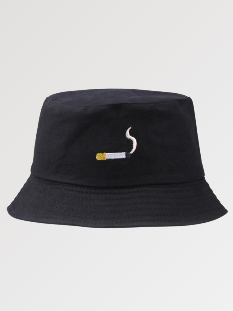 Black embroidered bucket hat with cigarette detail — Shinjuku yokocho cotton, kangol embroidered bucket hat alternative