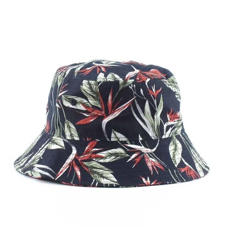 Detail of tropical floral print on navy cotton bucket hat — Tokyo summer, polo floral bucket hat alternative