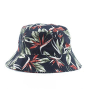 Detail of tropical floral print on navy cotton bucket hat — Tokyo summer, polo floral bucket hat alternative