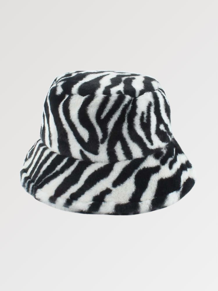 Back view of zebra fur bucket hat — high-pile faux fur, miu miu fur bucket hat alternative