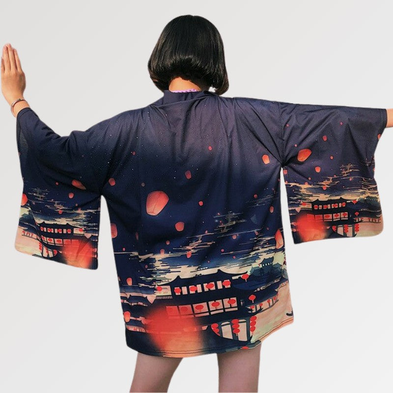 Women's furisode kimono jacket with japanese temple pattern