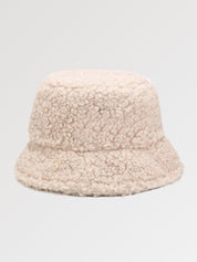Cream fuzzy bucket hat in sherpa faux fur — Tokyo winter teddy pile, prada fuzzy bucket hat alternative