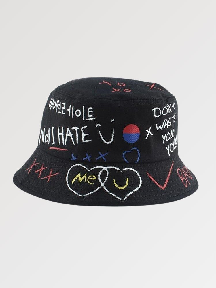 Back view of white graffiti bucket hat with marker doodles — Tokyo cotton, thisisneverthat graffiti bucket hat alternative
