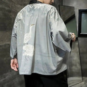 Grey kimono jacket with japanese bird print on back