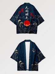 The haori jacket mens is printed with a Japanese script in a sober color