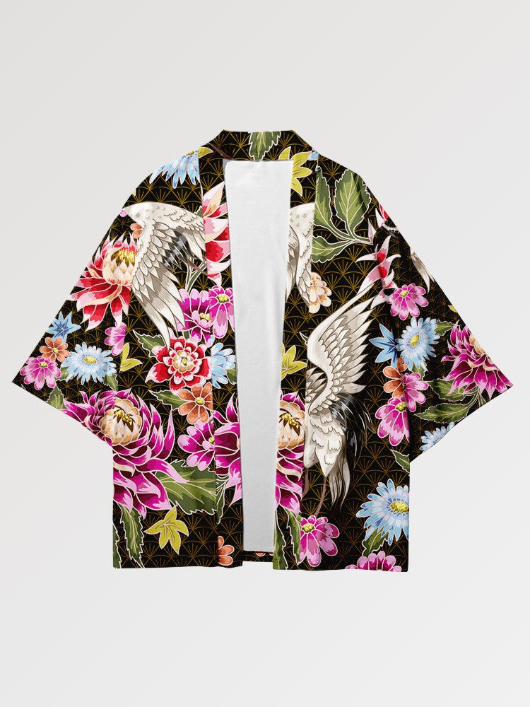 The haori women with flowery and colorful patterns decorated with two cranes