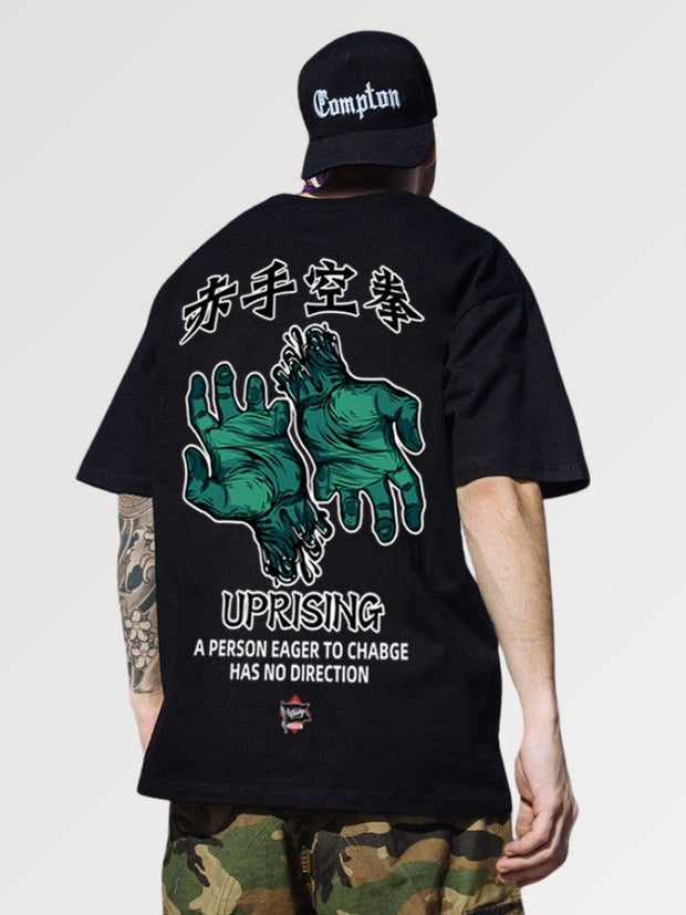 Japanese black shirt with a pattern representing two zombified and cut hands