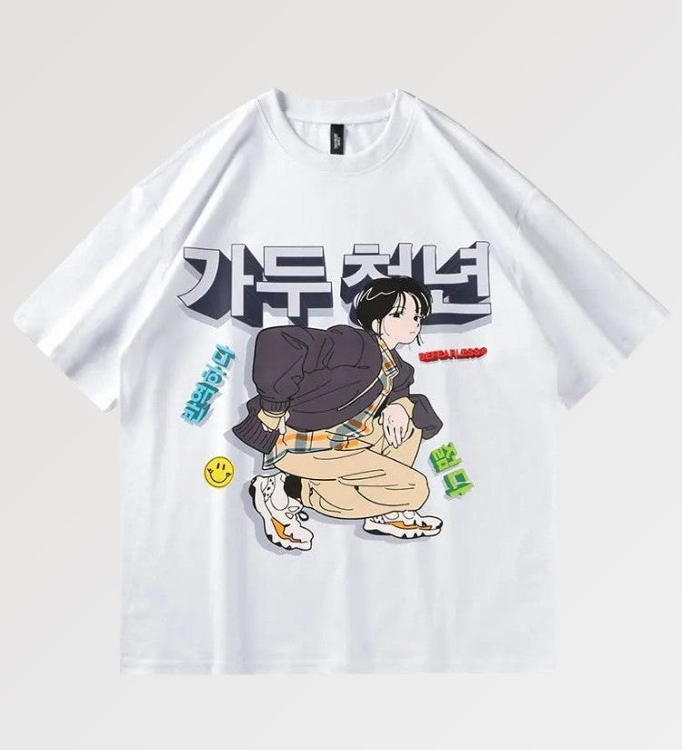 The japanese shirt with letters written in Japanese Kanji in a cartoon style