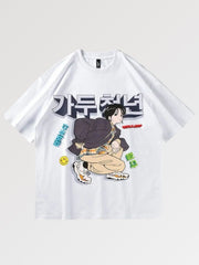 The japanese shirt with letters written in Japanese Kanji in a cartoon style