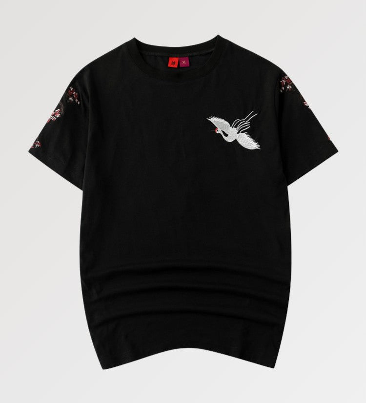 Shirt with sakura embroidery and Japanese cranes called crowned cranes