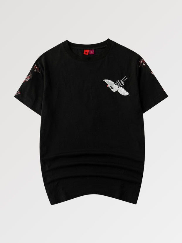 Shirt with sakura embroidery and Japanese cranes called crowned cranes