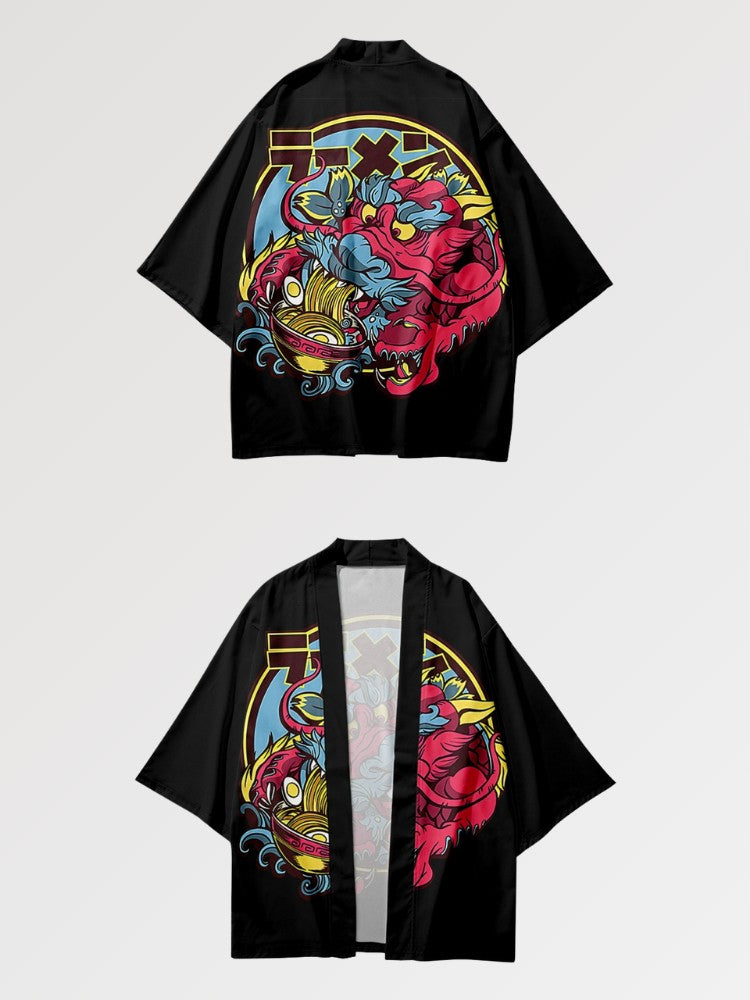 Haori pattern in a japanese design representing a dragon eating its bowl of ramen