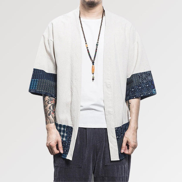 SS - CN Retro Hanfu Seven-Quarter Sleeve Cotton Linen Solid Stitching Youth Men Cardigan Coat, Size:XL(White)