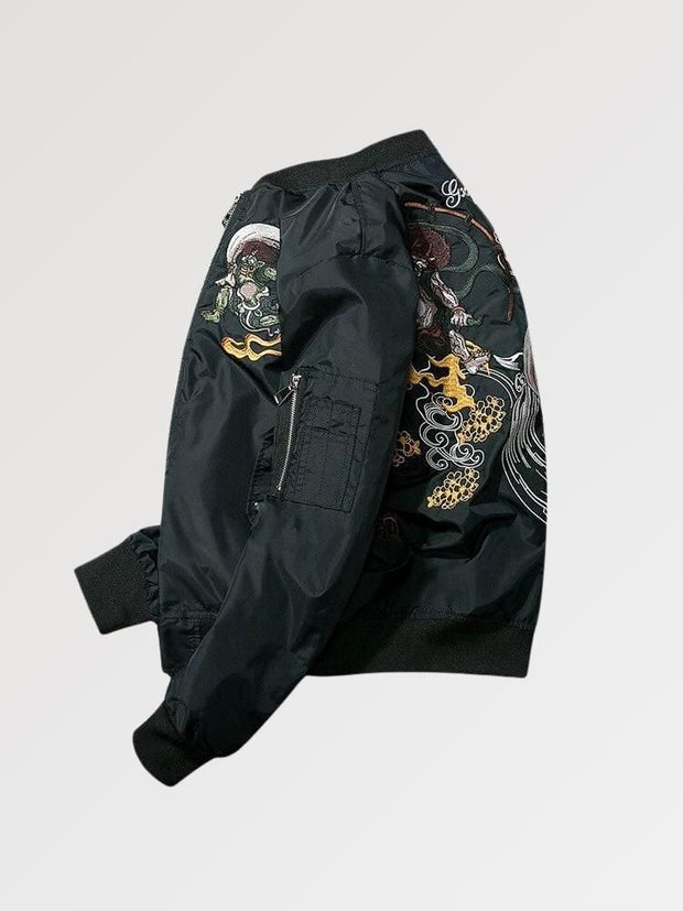 A monster embroidered on our japanese streetwear bomber jacket. It is a Yokai from Yokohama