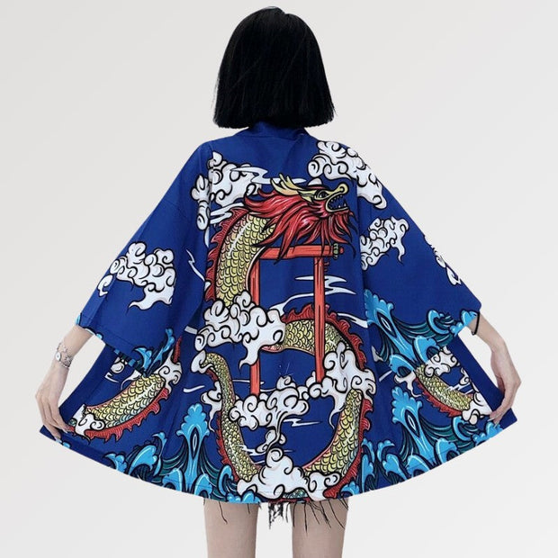 The women kimono style cardigan with dragon crossing a Torii