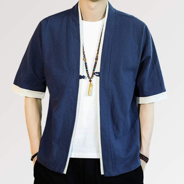 Casual Men's Kimono Jacket With Embroidery - Short Sleeve Open