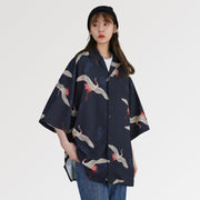 A kimono long jacket for womens with Japanese cranes motifs