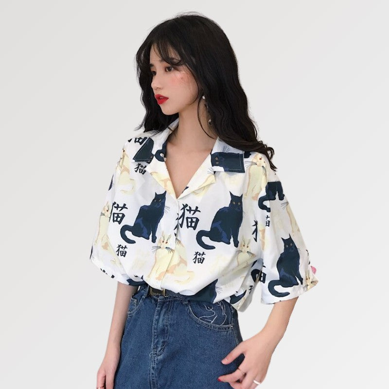 The kimono shirt women with cat and kanji characters