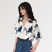 The kimono shirt women with cat and kanji characters