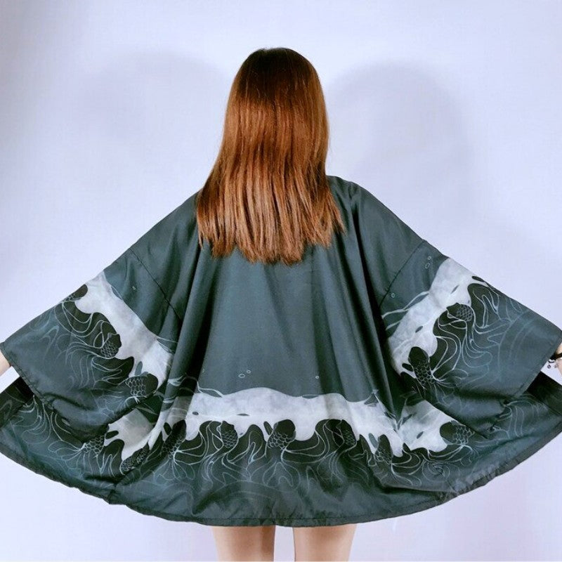 A jacket created in the shape of a kimono with a wave motif in the Japanese style