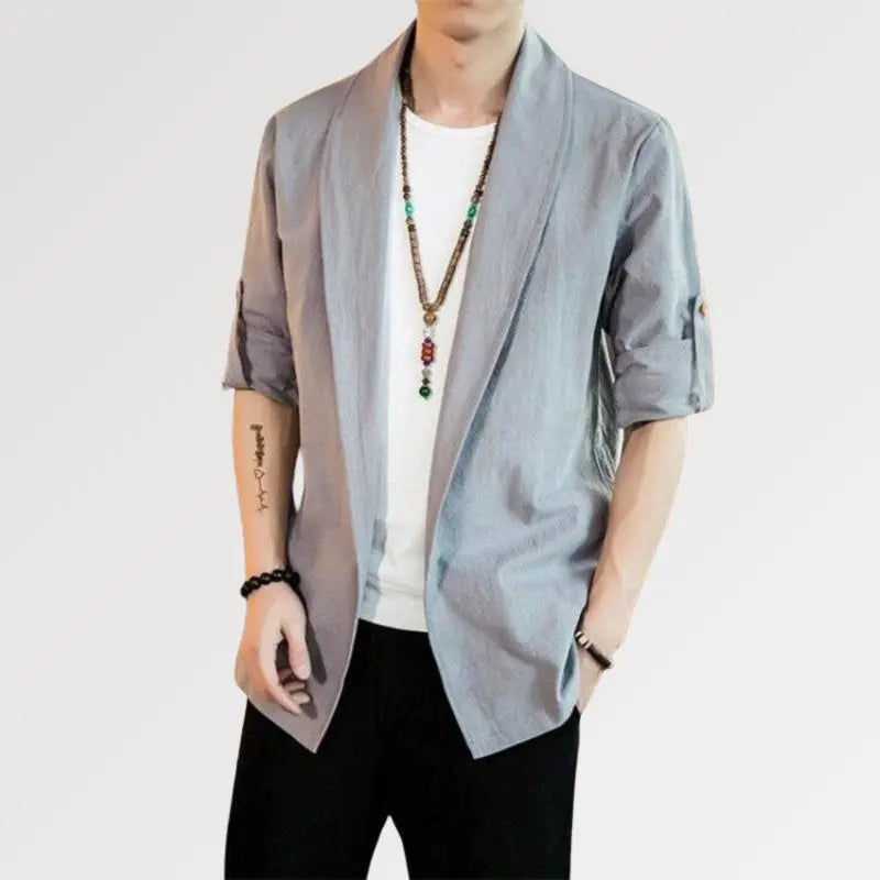 A traditional organic cotton kimono suit jacket for mens