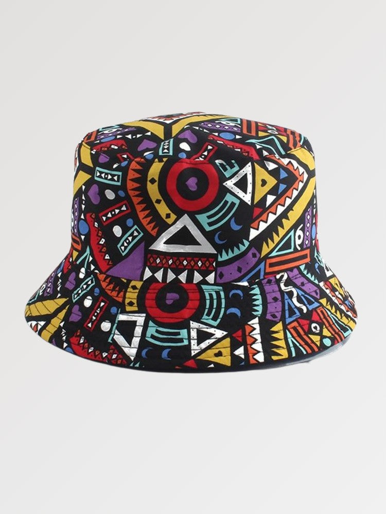 Back view of geometric knit bucket hat — multicolor cotton, urban outfitters knit bucket hat alternative
