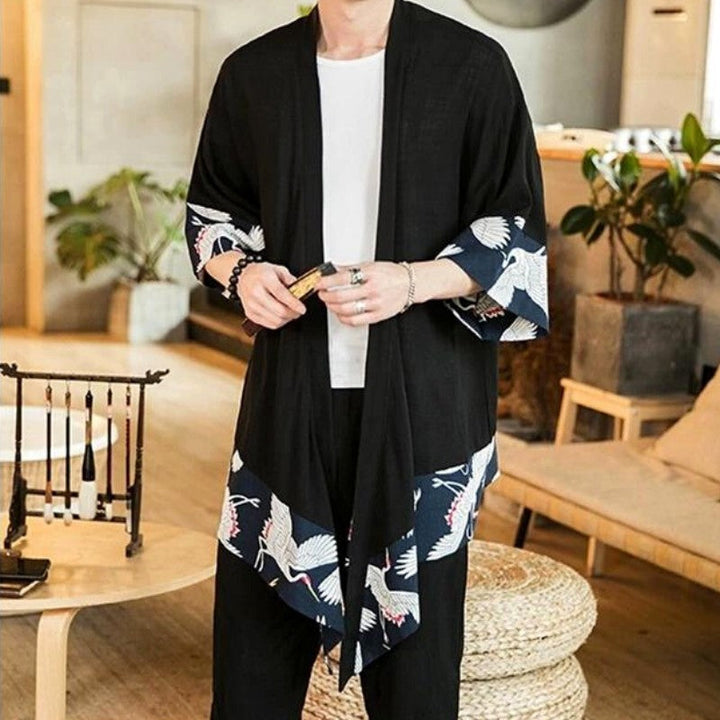 The long kimono cardigan with japanese cranes hem